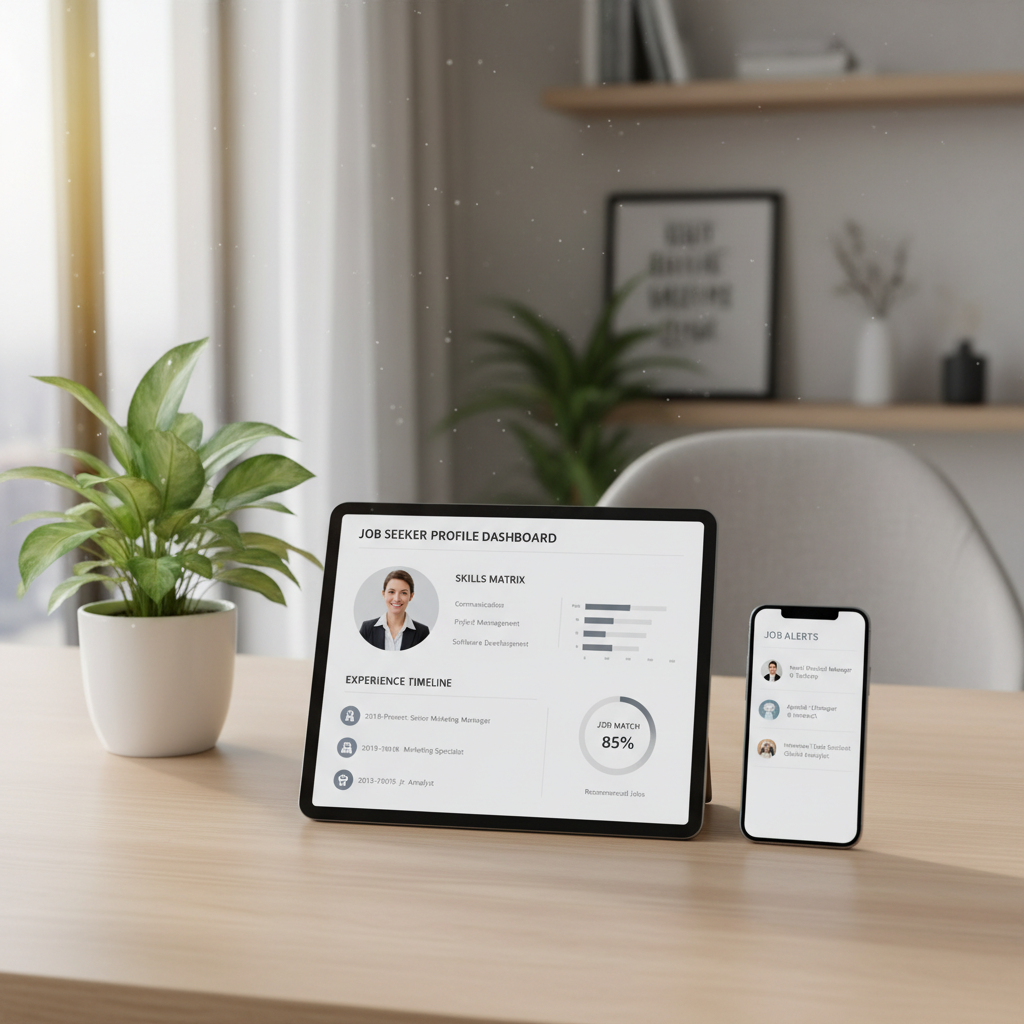 Tablet displaying Job Seeker Profile Dashboard with skills matrix, experience timeline, and job match indicators