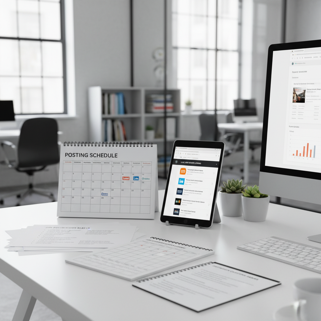 Printed recruitment campaign plan with job description drafts, posting schedule calendar, and screening criteria matrix