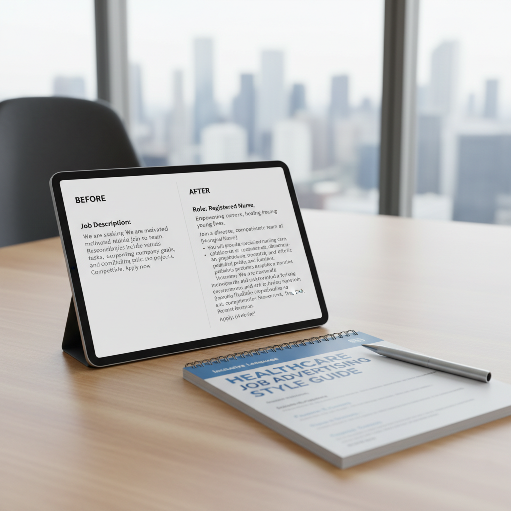 Split-screen tablet showing before and after job description optimization with healthcare-specific style guide