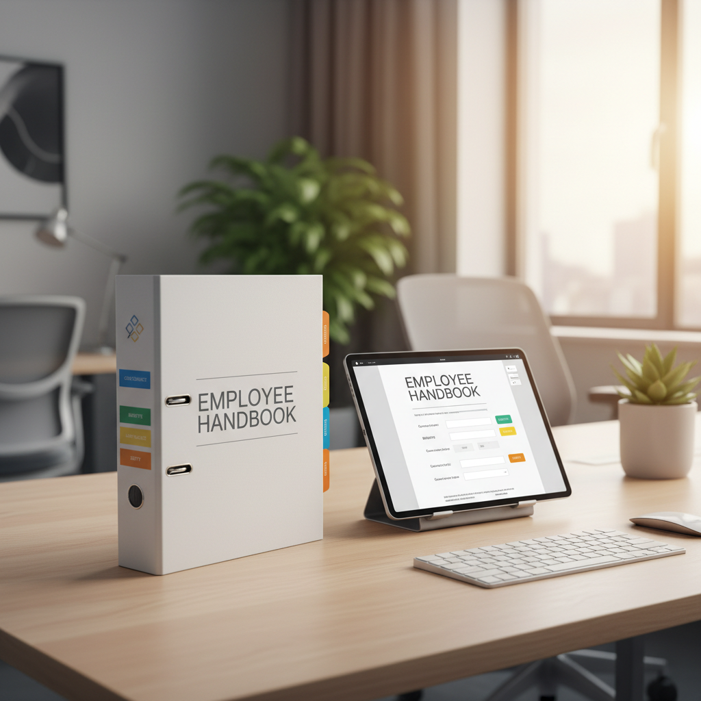 Professional desk with printed Employee Handbook binder with section tabs and tablet showing customizable Word template