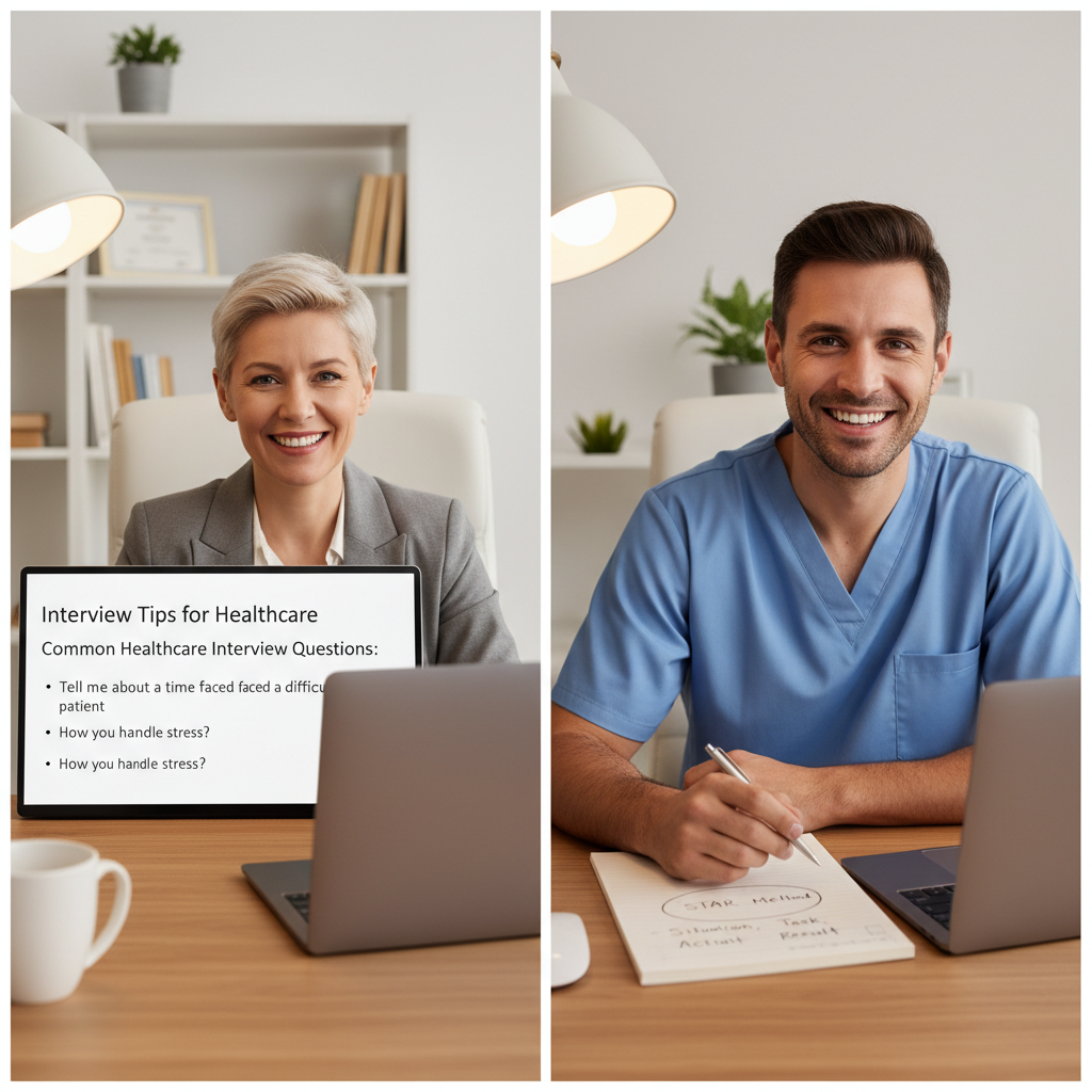 Career coach on video call with healthcare job seeker, STAR Method notes visible, warm professional home office lighting