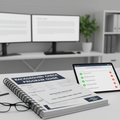 Compliance professional's desk with Background Check Program Guide showing criminal history, employment verification, and drug screening sections