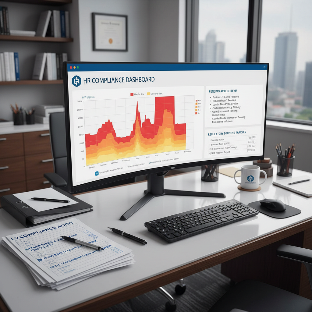 Compliance auditor's desk with monitor showing HR Compliance Dashboard with risk heat map, action items, and regulatory deadline tracker