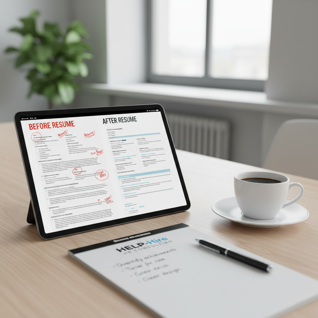 Split-screen tablet showing before and after resume optimization with HELP-Hire branded notepad