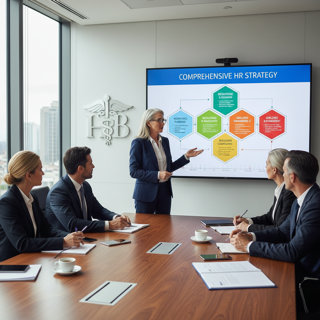 Senior HR consultant presenting comprehensive HR strategy framework to leadership team in modern boardroom
