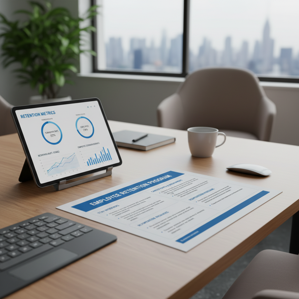HR strategist's desk with Employee Retention Program document and tablet showing retention metrics dashboard with turnover rates
