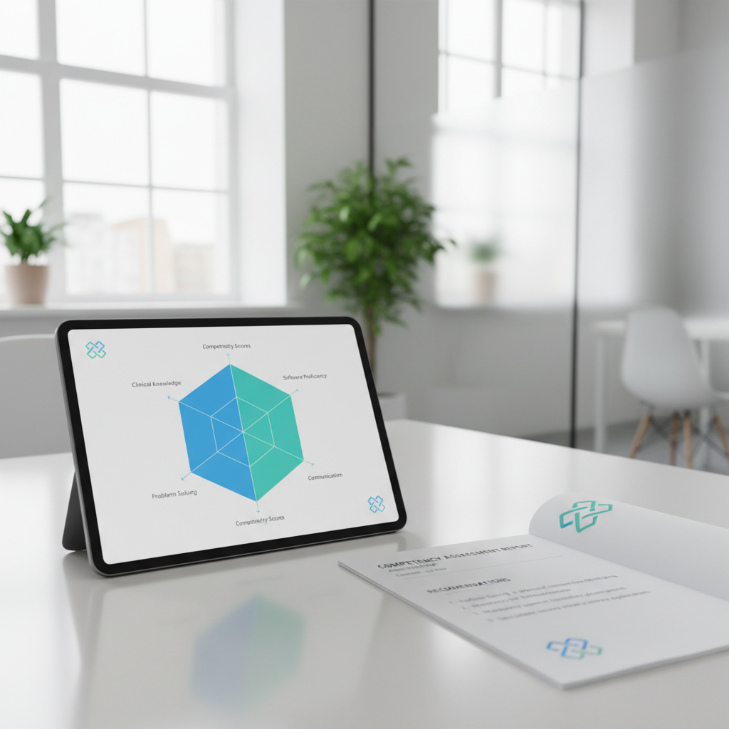 Tablet displaying skills assessment dashboard with competency radar chart and printed assessment report with recommendations