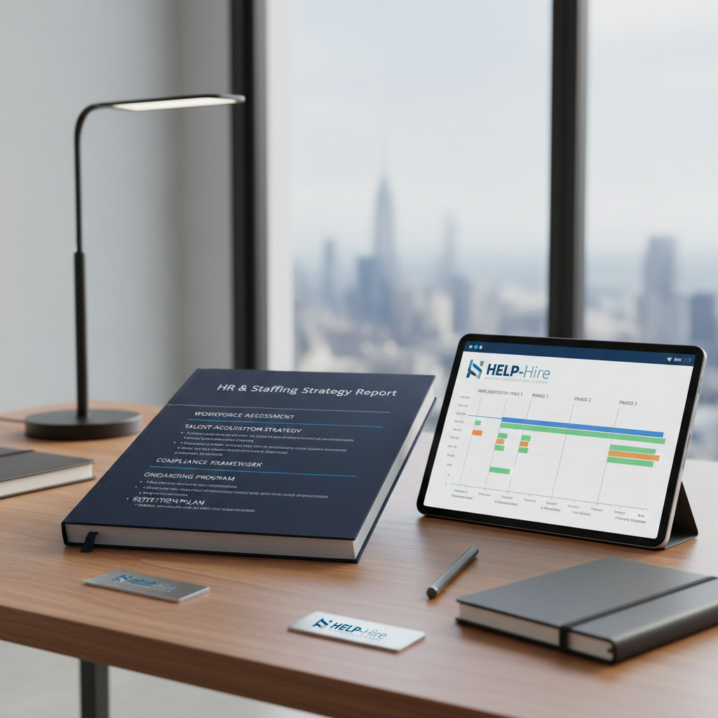 Professionally printed and bound HR & Staffing Strategy Report on desk with tablet showing implementation timeline
