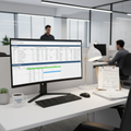 Payroll specialist's desk with monitor showing payroll dashboard with timesheet review, tax withholding, and payroll calendar