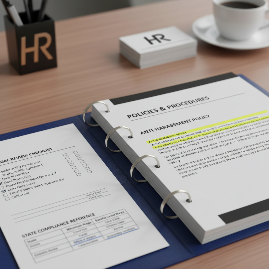 Open employee handbook showing Policies and Procedures page with highlighted anti-harassment policy and state compliance reference sheet
