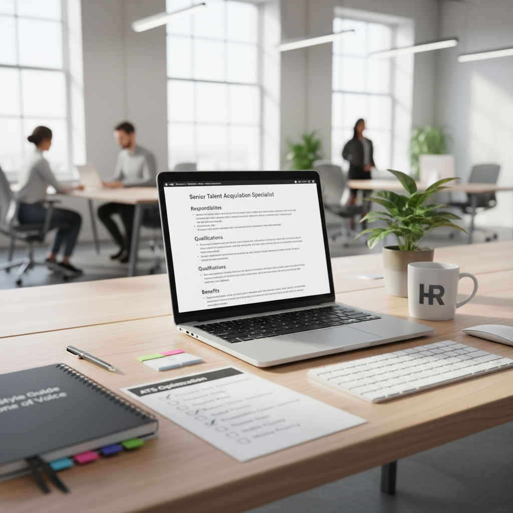 HR copywriter's desk with laptop showing professionally formatted job description and ATS optimization checklist