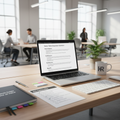 HR copywriter's desk with laptop showing professionally formatted job description and ATS optimization checklist