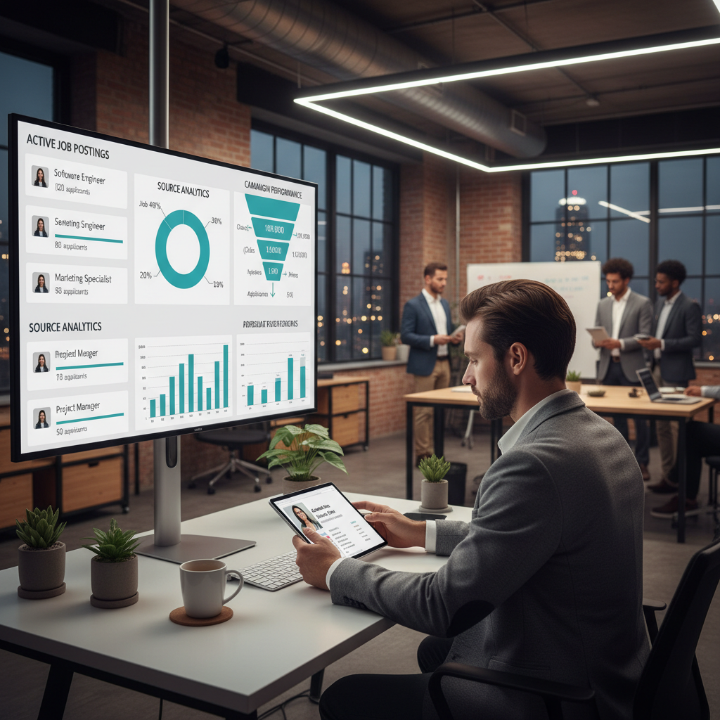Recruitment marketing dashboard on large monitor showing active job postings, applicant counts, and campaign performance funnel