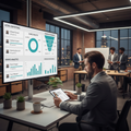 Recruitment marketing dashboard on large monitor showing active job postings, applicant counts, and campaign performance funnel