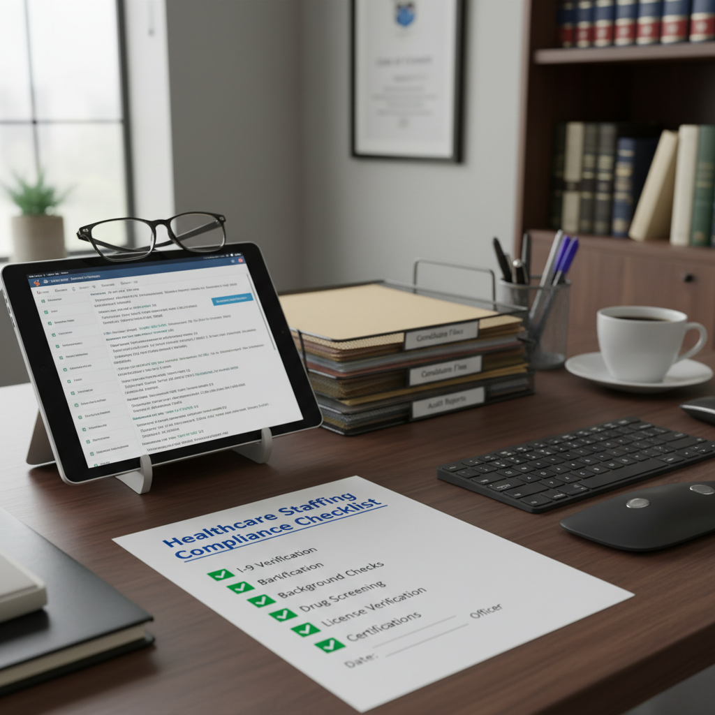 Compliance officer's desk with printed Healthcare Staffing Compliance Checklist with green checkmarks and tablet