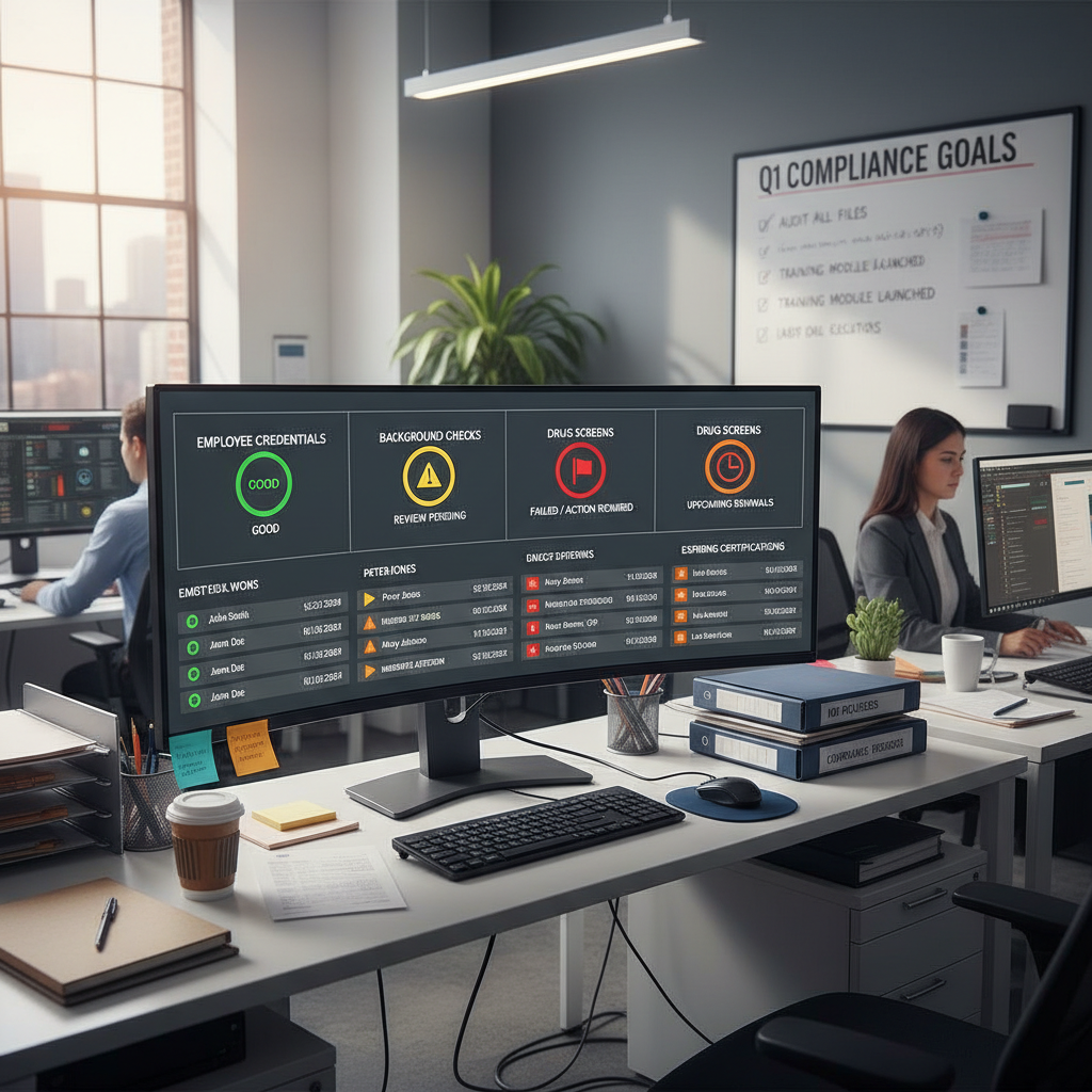Large monitor displaying compliance dashboard with status indicators for employee credentials, background checks, and certifications