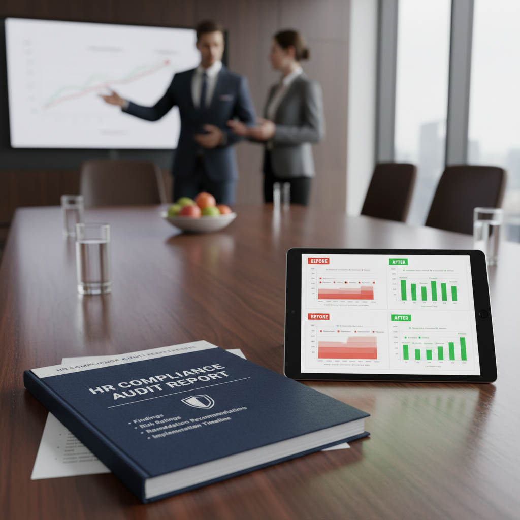 Printed HR Compliance Audit Report on conference table with findings, risk ratings, and remediation recommendations sections
