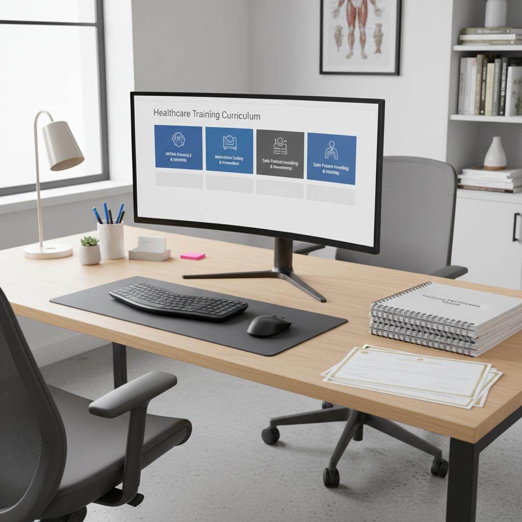 Training development desk with monitor showing Healthcare Training Curriculum with HIPAA, infection control, and safety modules