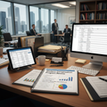 Risk management professional's desk with Workers Compensation Program Review report showing claims analysis charts and EMR dashboard
