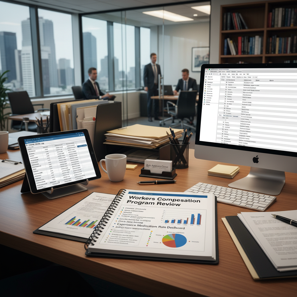 Risk management professional's desk with Workers Compensation Program Review report showing claims analysis charts and EMR dashboard